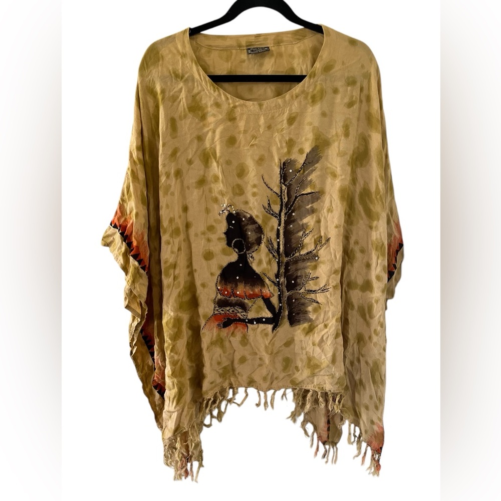 Artistic Beige Poncho with Fringe